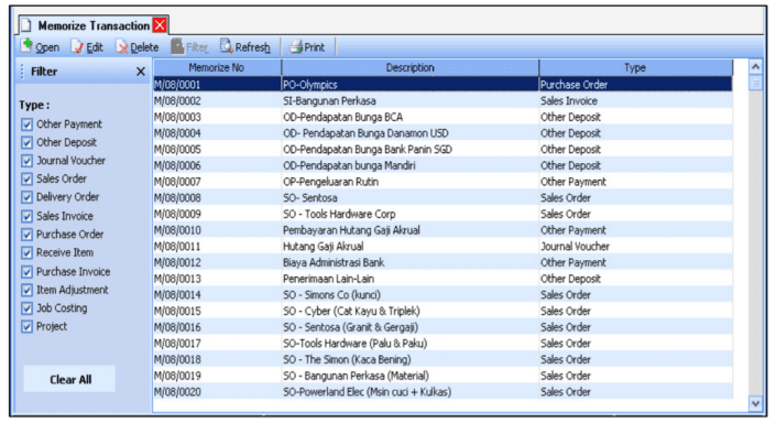 Cara Melihat Daftar Memorize Transaction pada Accurate