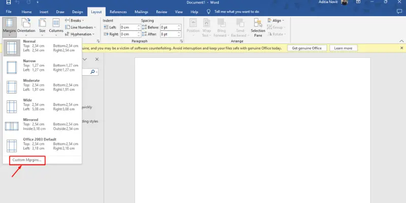 Cara Setting Margin 4433 di Microsoft Word