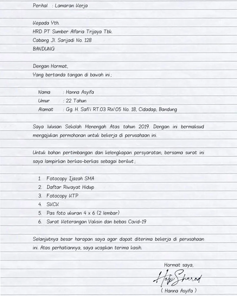 Contoh Surat Lamaran Kerja Tulis Tangan 1