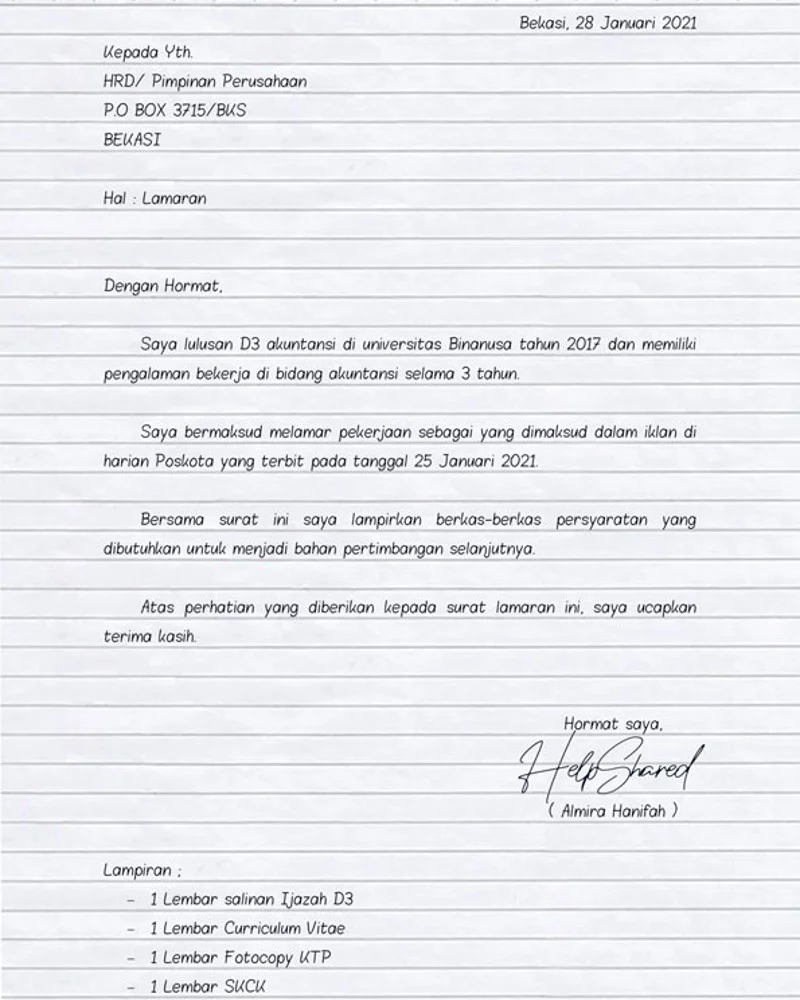 Contoh Surat Lamaran Kerja Tulis Tangan 2