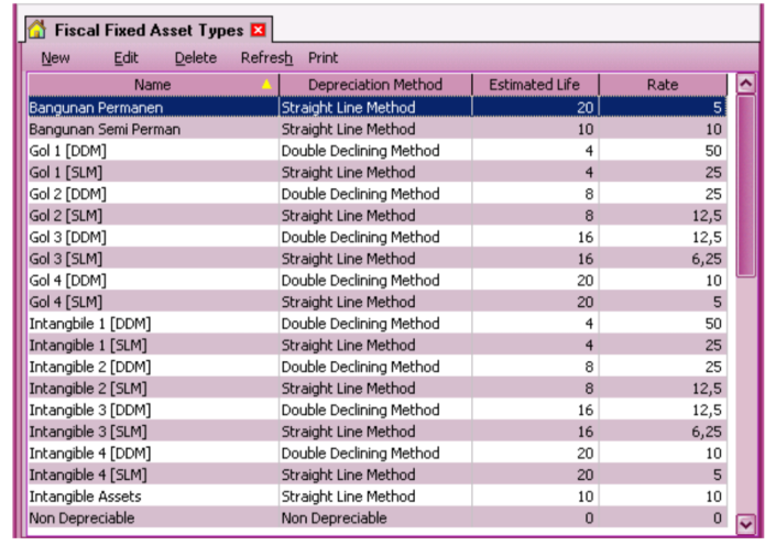 Daftar Fiscal Fixed Asset Type Perusahaan di Accurate