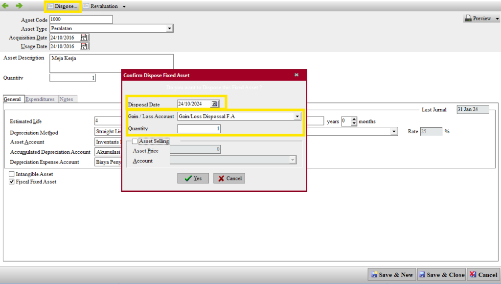 Dispose Fixed Asset & Jual Melalui Sales Invoice Accurate