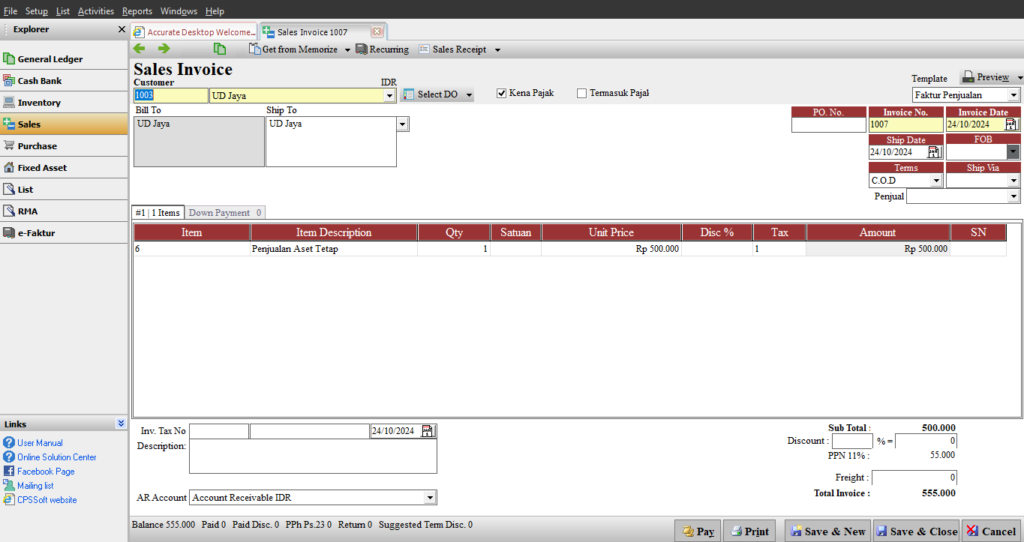 Dispose Fixed Asset & Jual Melalui Sales Invoice Accurate