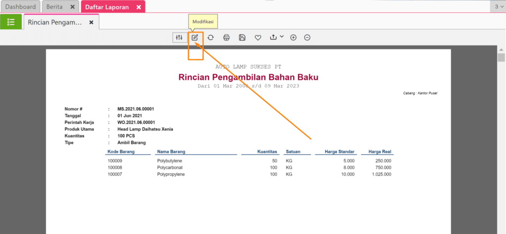 Edit Pengambilan Bahan Baku di Laporan Accurate Online