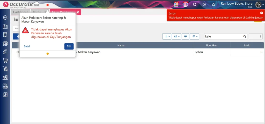 Error Hapus Akun Perkiraan Accurate Karena Sudah Digunakan 1