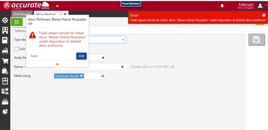 Error Tidak Dapat Set ke Akun Induk di Accurate Online