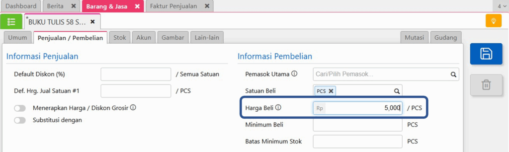 Error “tidak ada harga beli barang … ” Atas master barang baru yang sudah dilakukan penjualan dimuka (faktur penjualan dimuka)