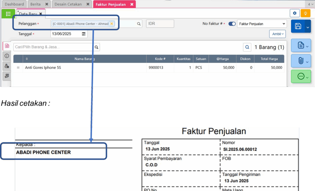 Kasus selanjutnya berkaitan dengan desain cetakan faktur penjualan dimana untuk nama customer terdapat beberapa nama customer pada master sedangkan pada dasarnya nama customer tersebut hanya saja