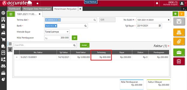 Kolom Terhutang di Penerimaan Penjualan Accurate Online