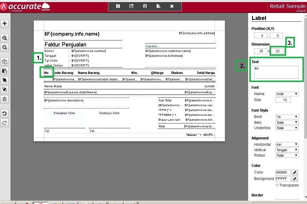 Menampilkan Nomor Urut di Desain Cetakan Accurate Online