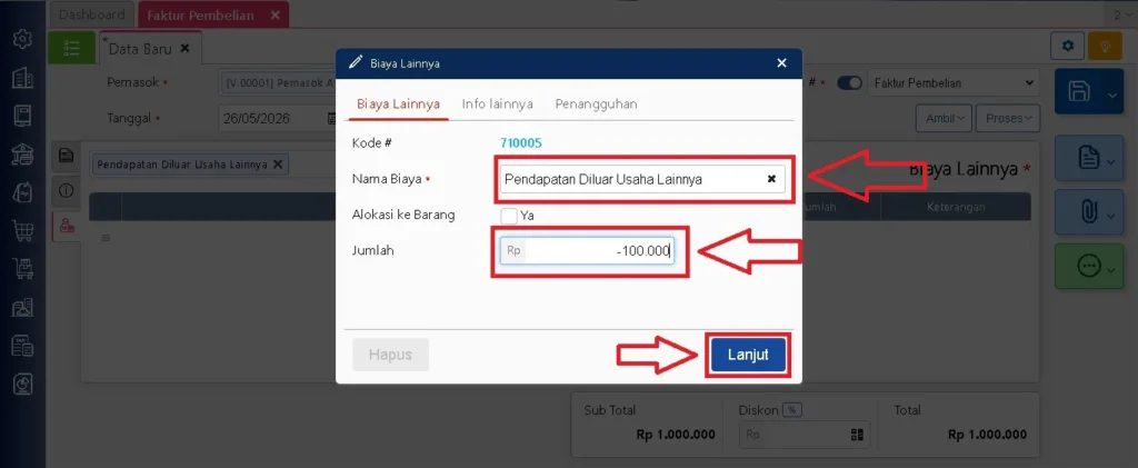Mencatat Biaya Yang Mengurangi Nilai Faktur Accurate Online 4