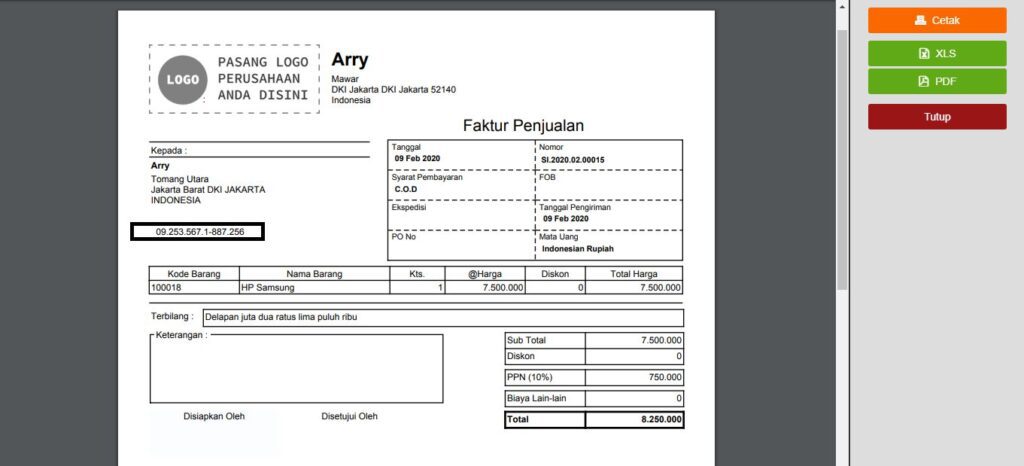 NPWP Pelanggan di Cetakan Faktur Penjualan Accurate Online