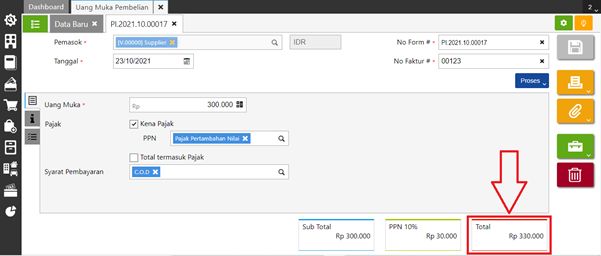Nilai Uang Muka Pembelian di Cetakan Faktur Accurate Online