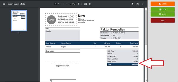 Nilai Uang Muka Pembelian di Cetakan Faktur Accurate Online