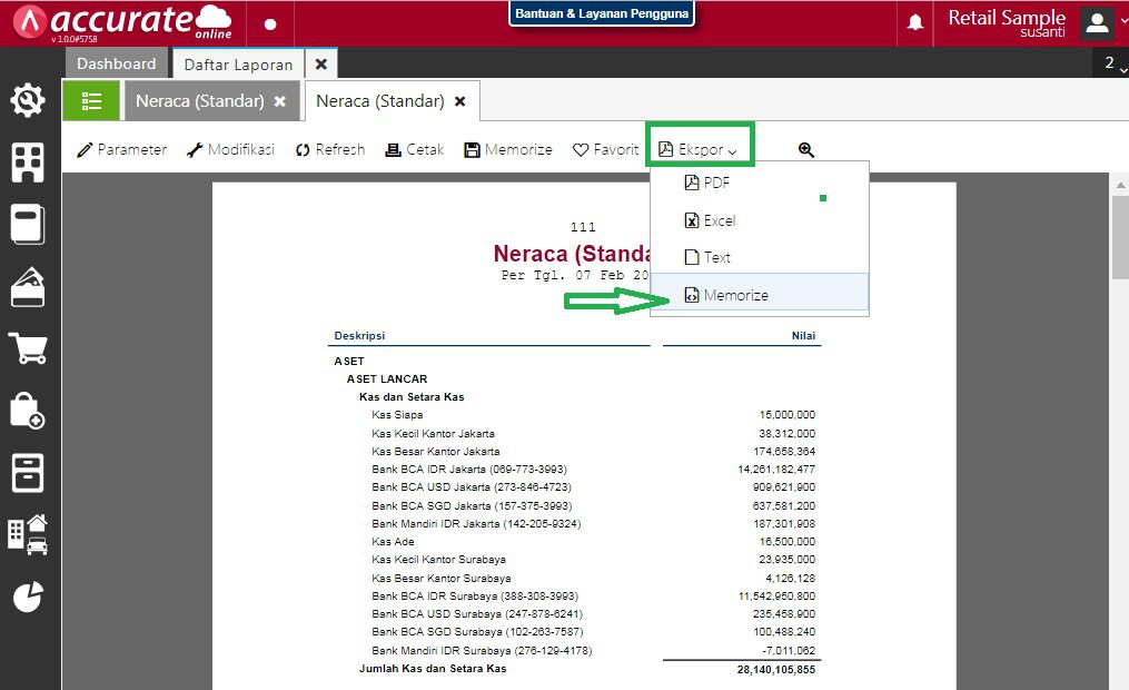 Panduan Ekspor Laporan Memorize pada Accurate Online