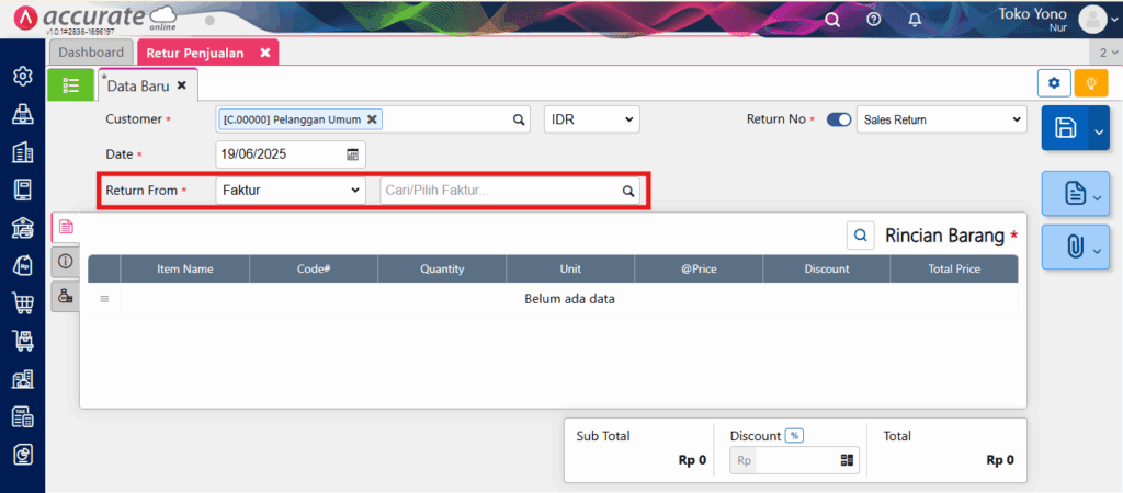 Retur Penjualan Untuk Faktur Dimuka pada Accurate Online