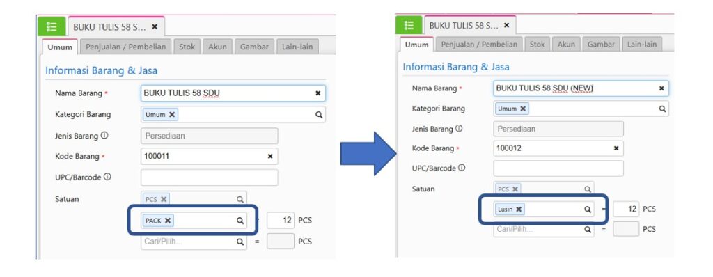 Salah dalam memberikan nama unit satuan pada master barang dan jasa yang sudah pernah digunakan transaksi