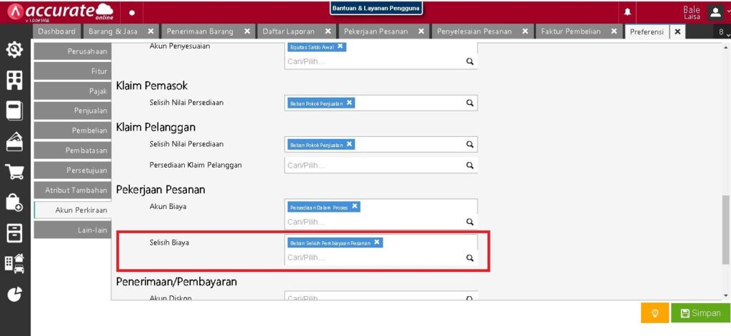 Selisih Transaksi Pekerjaan Pesanan di Accurate Online