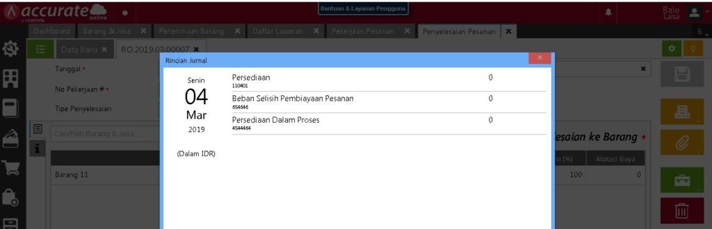 Selisih Transaksi Pekerjaan Pesanan di Accurate Online