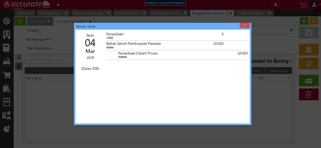 Selisih Transaksi Pekerjaan Pesanan di Accurate Online