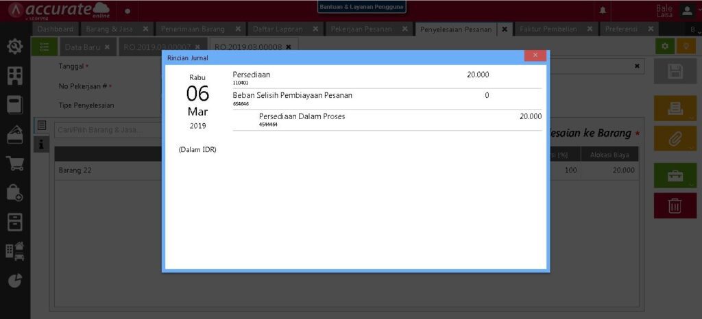 Selisih Transaksi Pekerjaan Pesanan di Accurate Online
