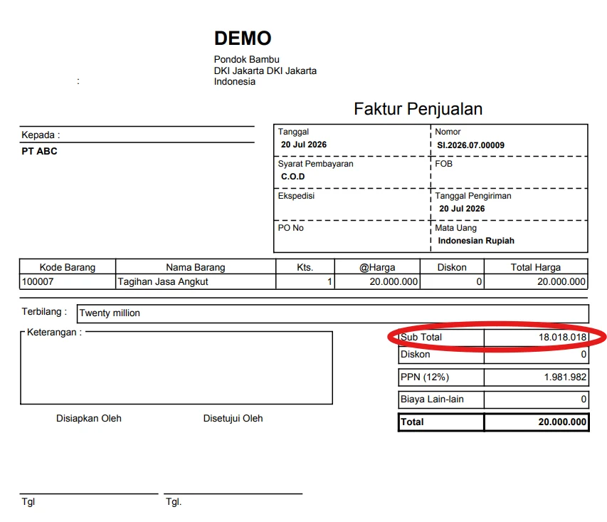 Subtotal Invoice Sebelum Pajak Di Cetakan Accurate Online 3